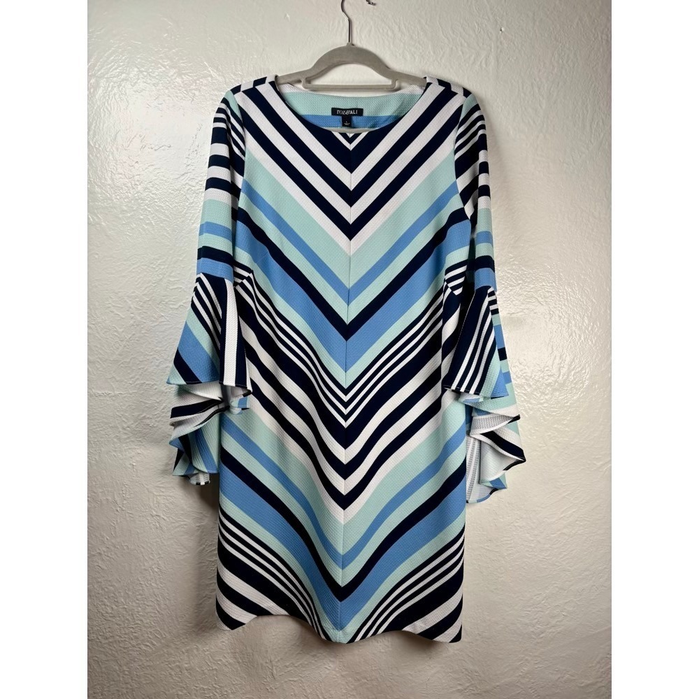 Shift Dress Large Blue Chevron Tiered Bell Sleeve Striped Coastal Mod Geometric